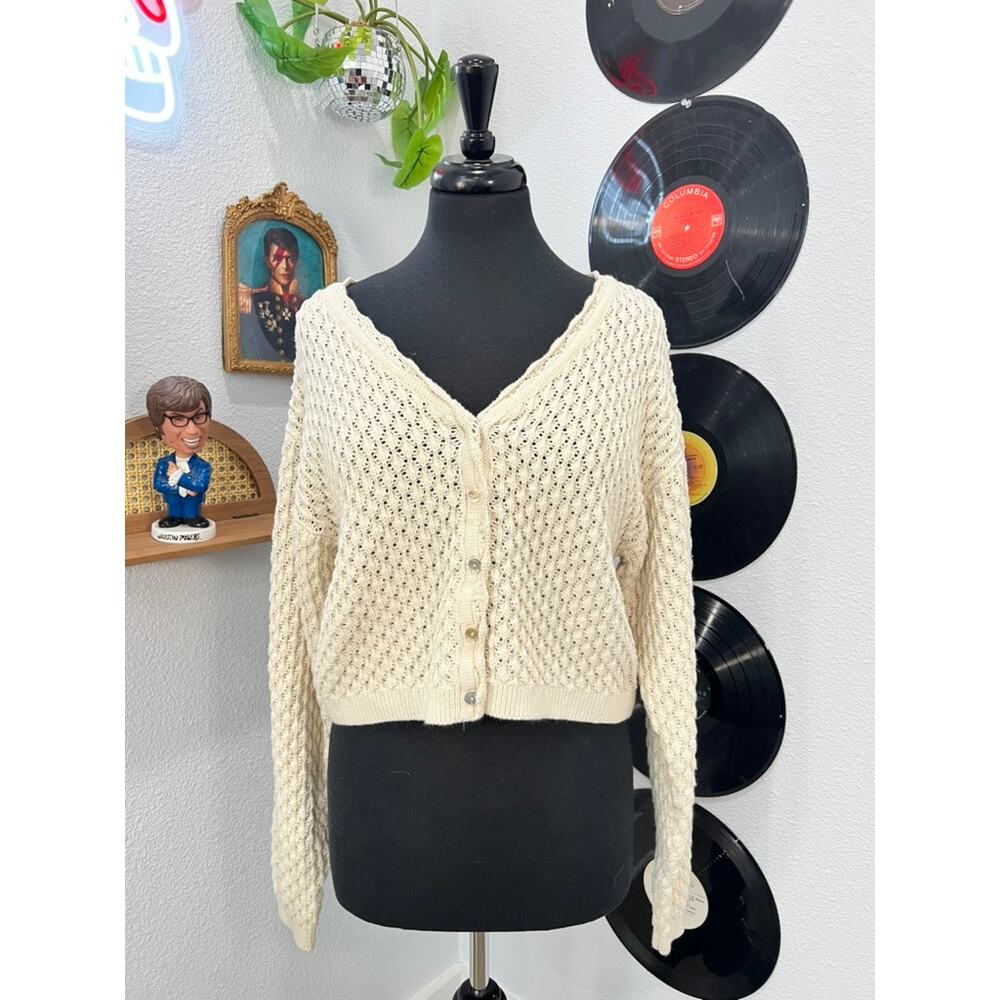 Cream Cottagecore Boxy Crochet Button-Up Sweater Cardigan